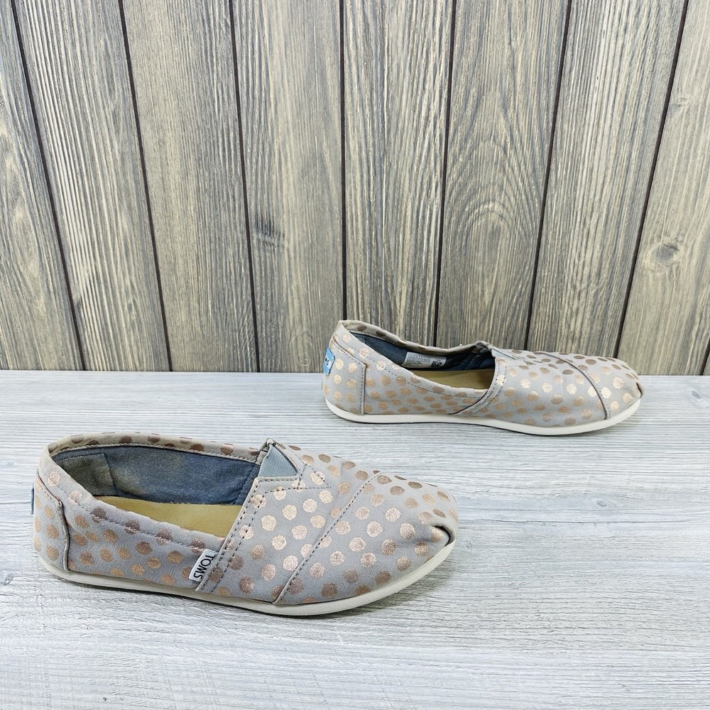 Toms Loafer Slip On Comfort Flats Taupe Rose Gold Metallic Polka Dots Womens 8.5